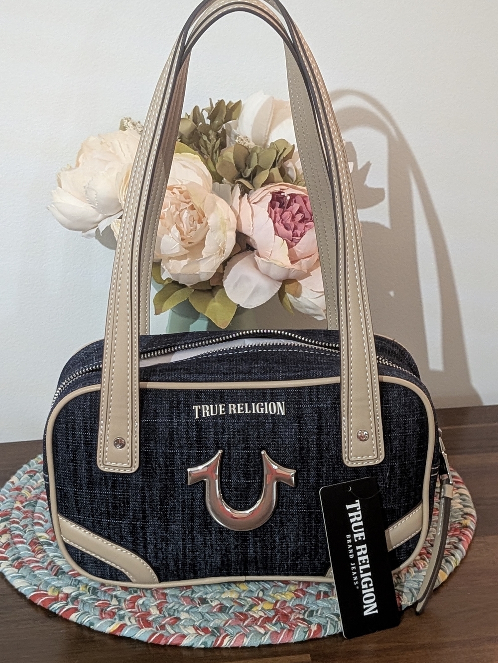 True Religion Denim Satchel Handbag in Dark Blue and Cream